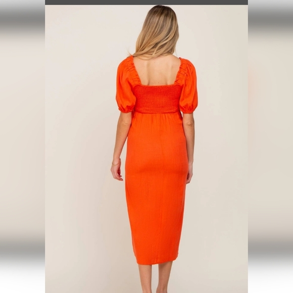 LUSH Orange/Red Linen Blend Front Tie Short Puff Sleeve Front Midi Dress.Size S - Picture 4 of 16